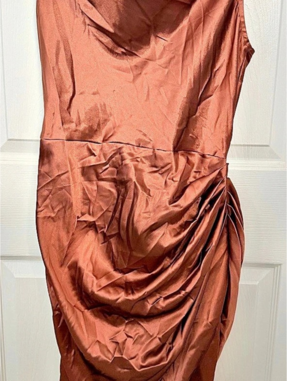 Cider Solid Satin Cowl Neck Ruched Midi Dress Brown Large